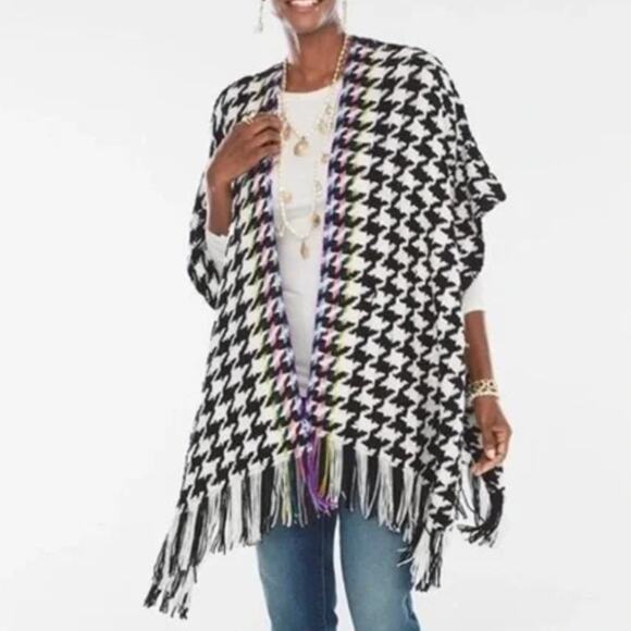Chico's Houndstooth Ruana Wrap Shall Poncho Knit Sweater Rainbow Tassels Cozy - Picture 6 of 8